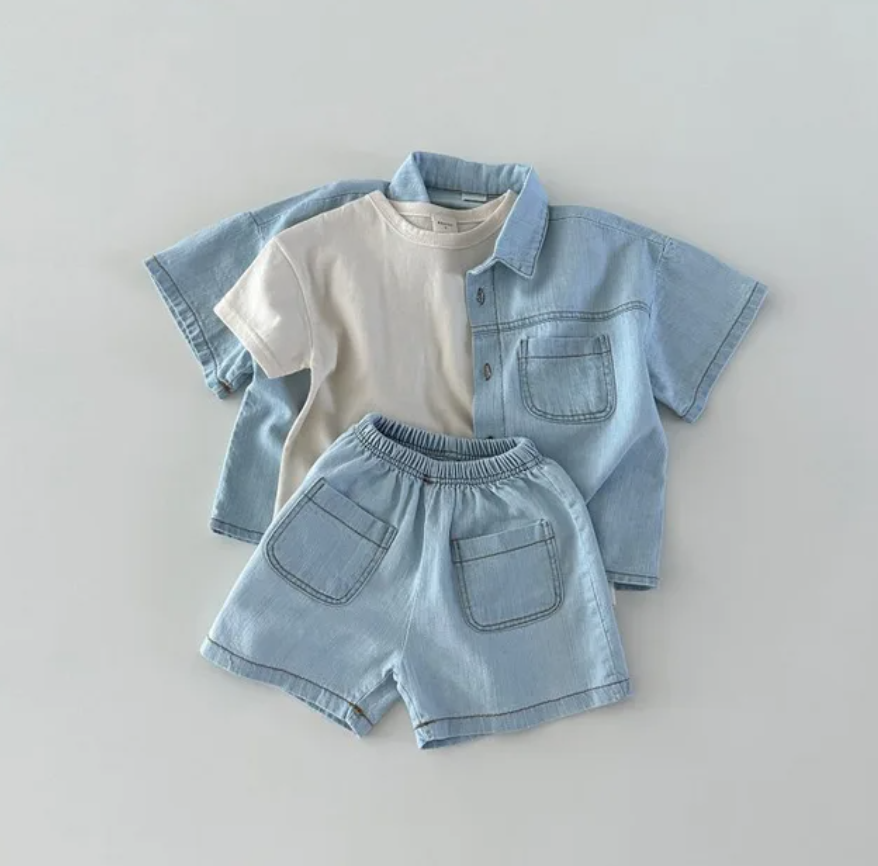 Solid Button Up Denim Shorts Set