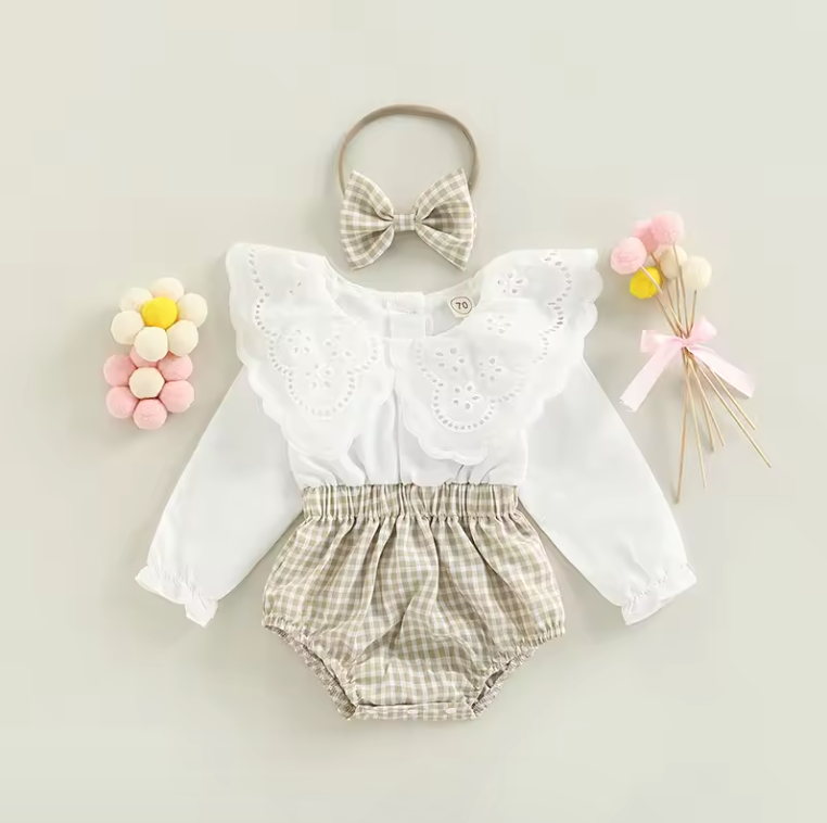 Plaid lace Collar Romper
