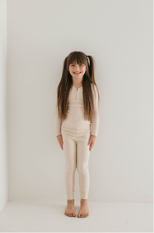 Two Piece Bamboo Pajamas | Ribbed Cream Set