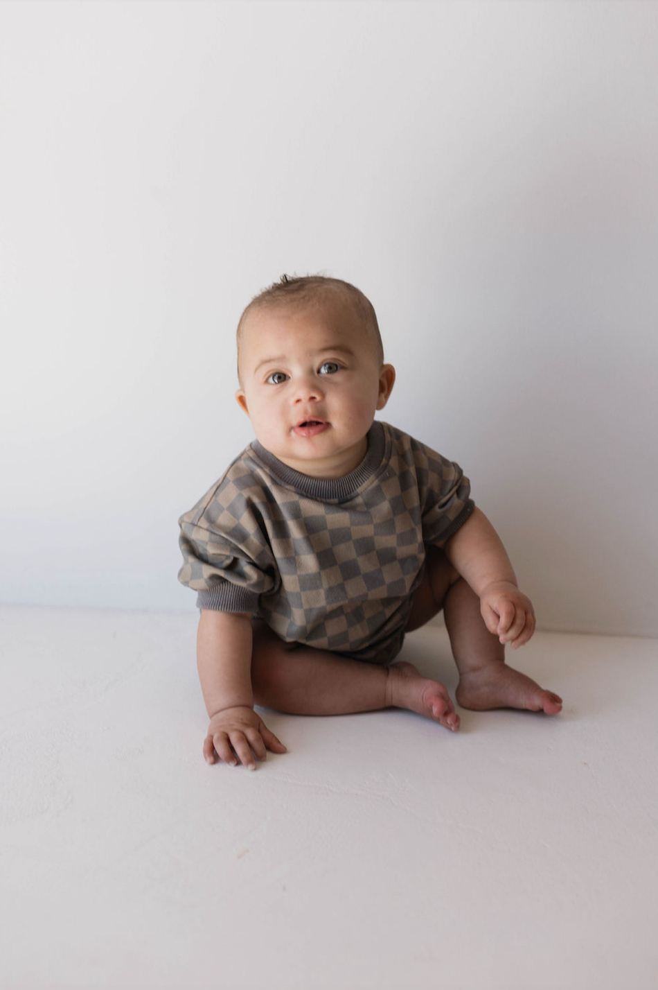 Short Sleeve Romper | Faded Brown Checkerboard