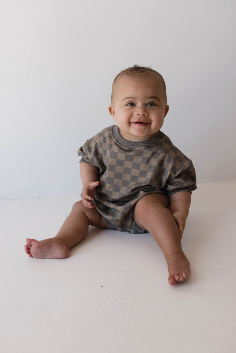 Short Sleeve Romper | Faded Brown Checkerboard