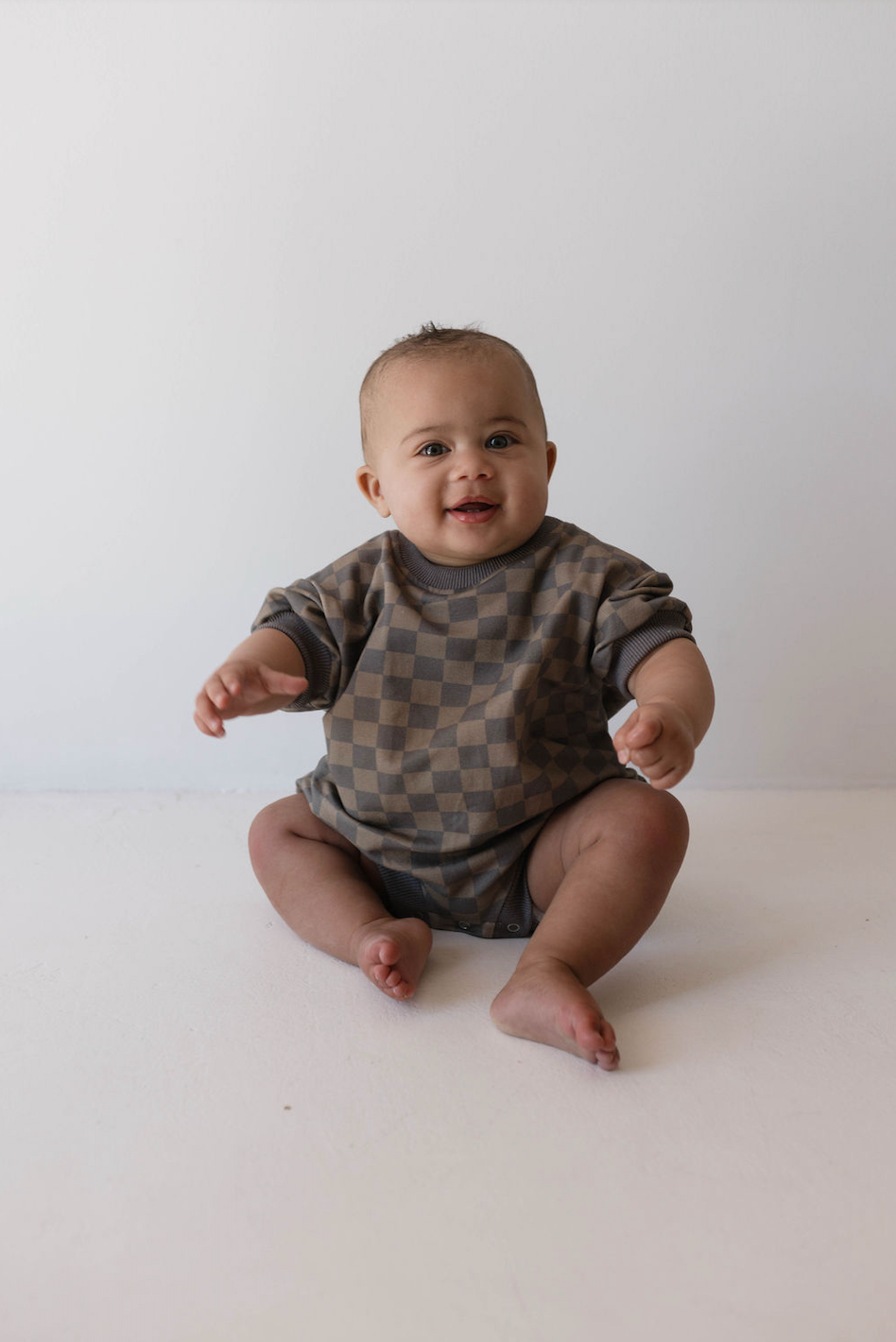 Short Sleeve Romper | Faded Brown Checkerboard