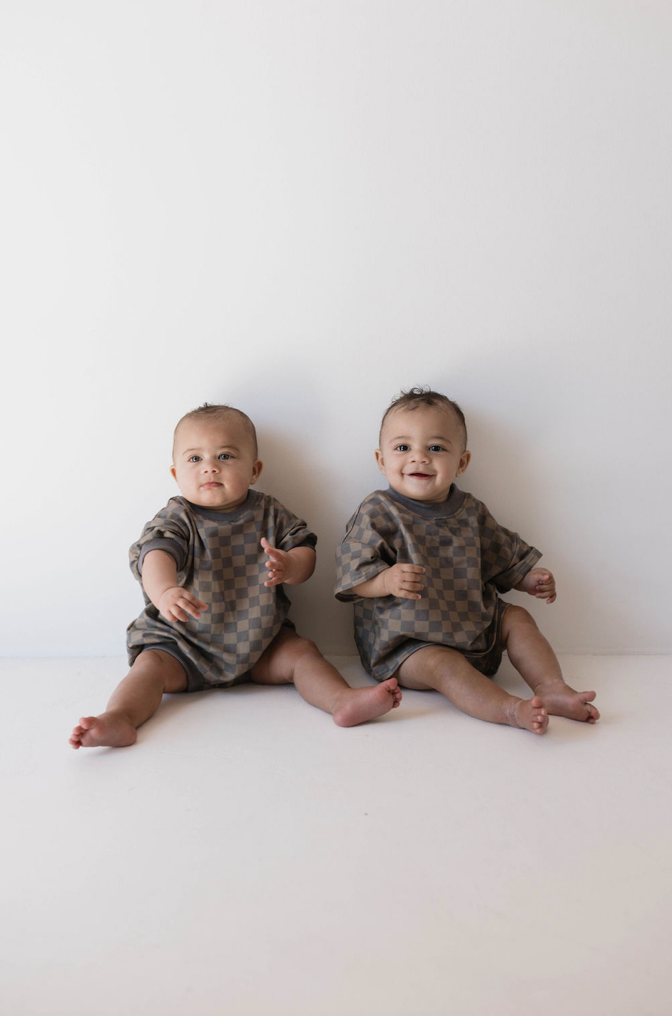 Short Sleeve Romper | Faded Brown Checkerboard