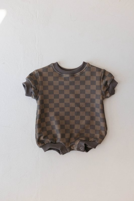 Short Sleeve Romper | Faded Brown Checkerboard