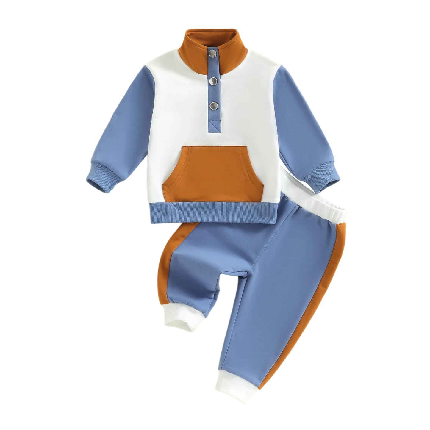 Baby Toddler Boys Girls 2Pcs Clothing Jogger Set Contrast Color Long Sleeve Collar Quarter Button Up Pullover with Pants Outfit