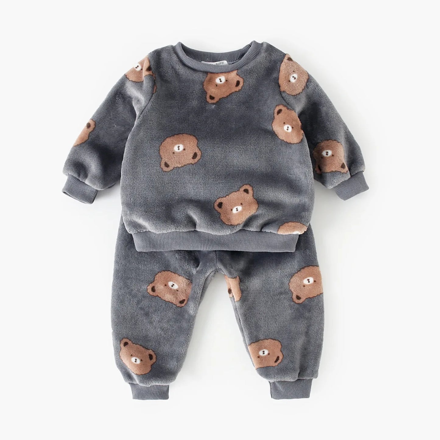 Baby Toddler Boy Girl 2Pcs Winter Clothes Set Thick Warm Pullover Top Pant Suit Bear Print Fleece Two Piece Jogger Set Outfit