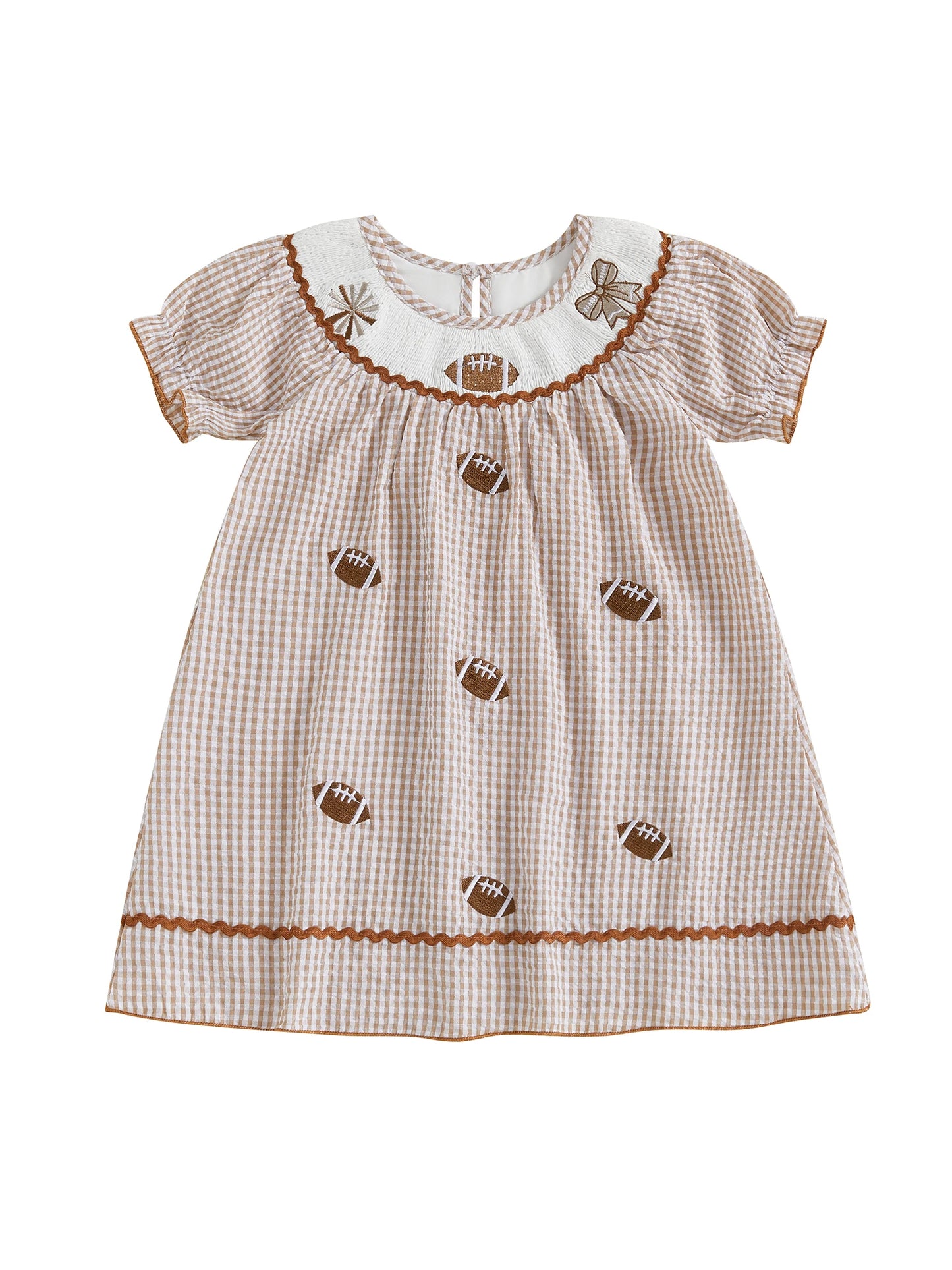 Toddler Kids Girl Dress Loose Fit Football Embroidered Plaid Crew Neck Short Sleeve Dress Summer Fall