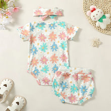 Load image into Gallery viewer, Baby Girls 3Pcs Short Sleeve Floral Flower Print Romper with Matching Shorts and Headband Clothes Set Outfit
