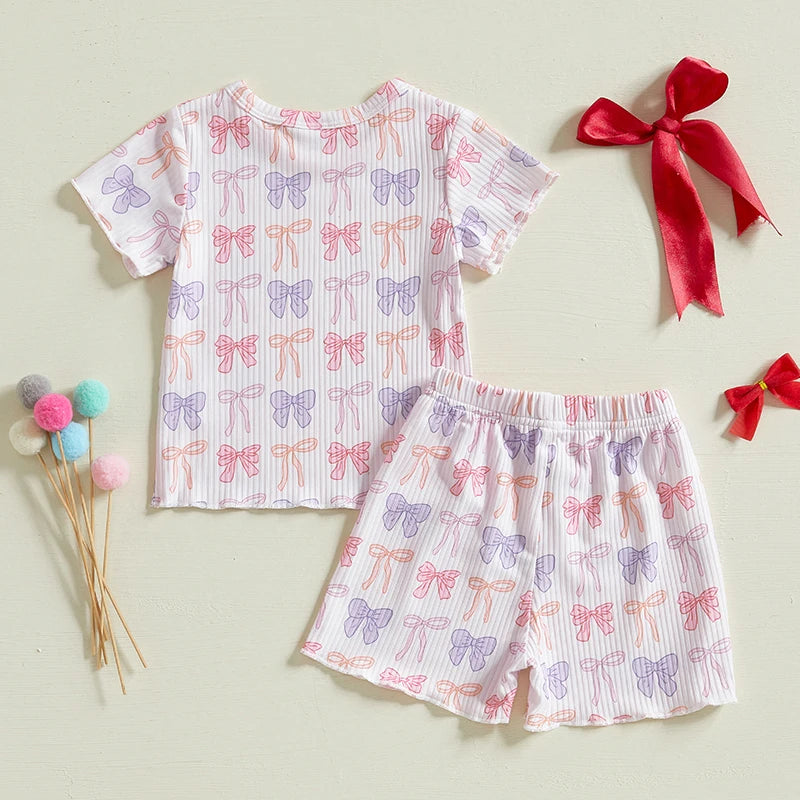 Baby Toddler Girls 2Pcs Ribbed Shorts Set Bow Heart Print Short Sleeve Round Neck Top Elastic Waistband Shorts