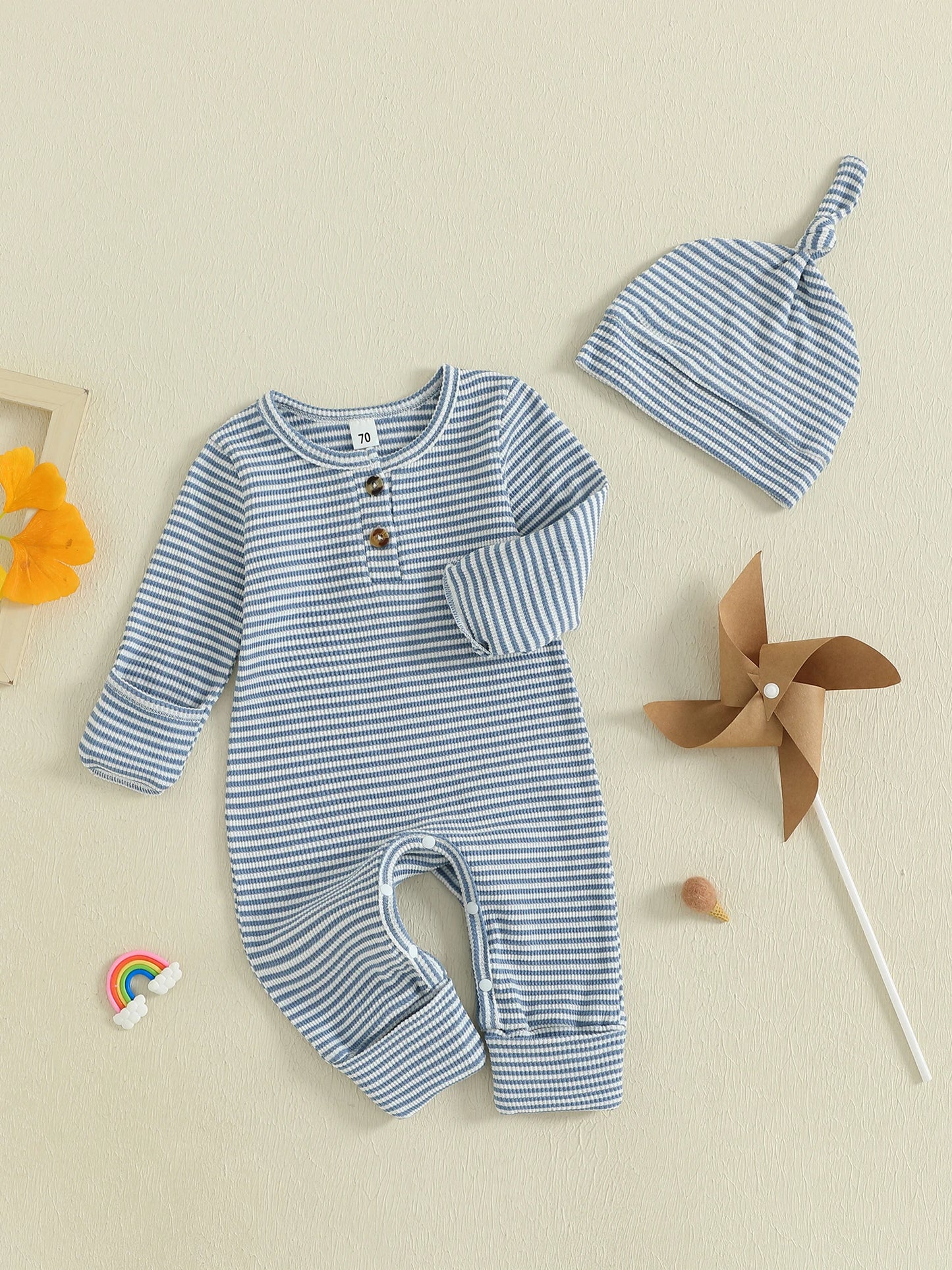 Baby Boys 2Pcs Fall Clothes Romper Stripe Print Long Sleeve Round Neck Full Length Jumpsuit with Hat Set