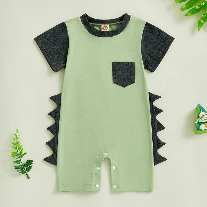 Baby Boy Summer Romper Short Sleeve Round Neck Contrast Color Dinosaur Spikes Jumpsuit Playsuit