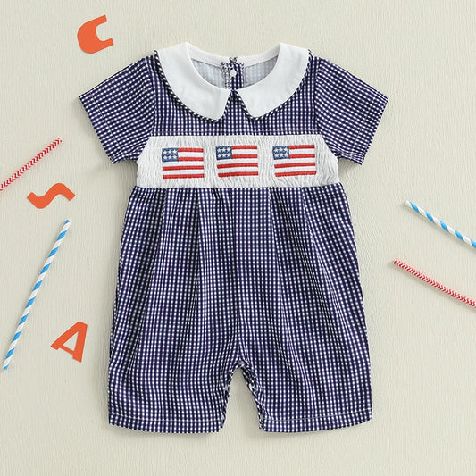 Baby Girl 4th of July Romper Smocked Plaid Pattern American Flag Embroidery Ruffled Doll Collar Short Sleeve Jumpsuit