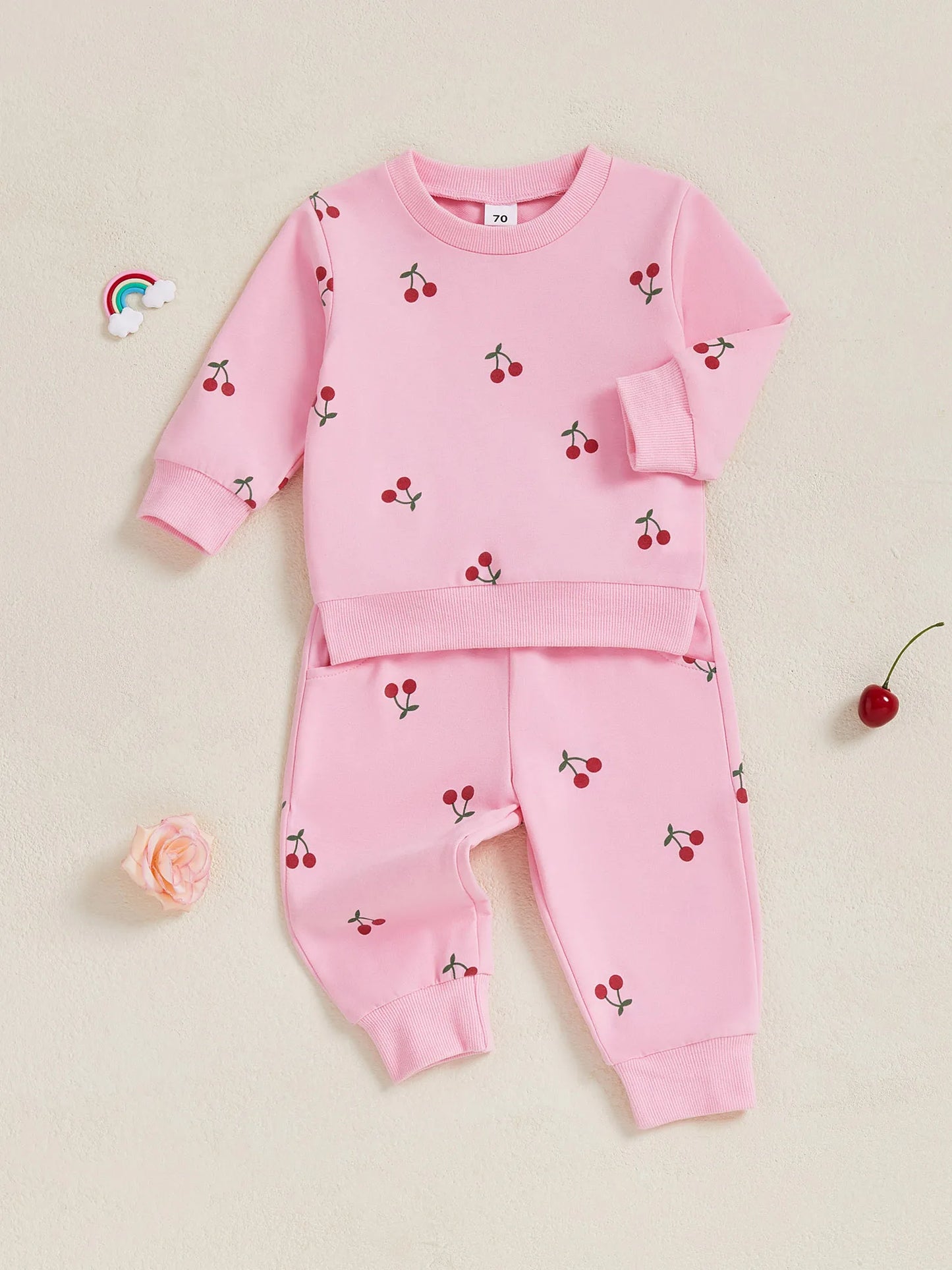 Baby Toddler Girl 2Pcs Winter Fall Outfit Cherry Print Long Sleeve Top Elastic Waist Joggers 2 Piece Jogger Set