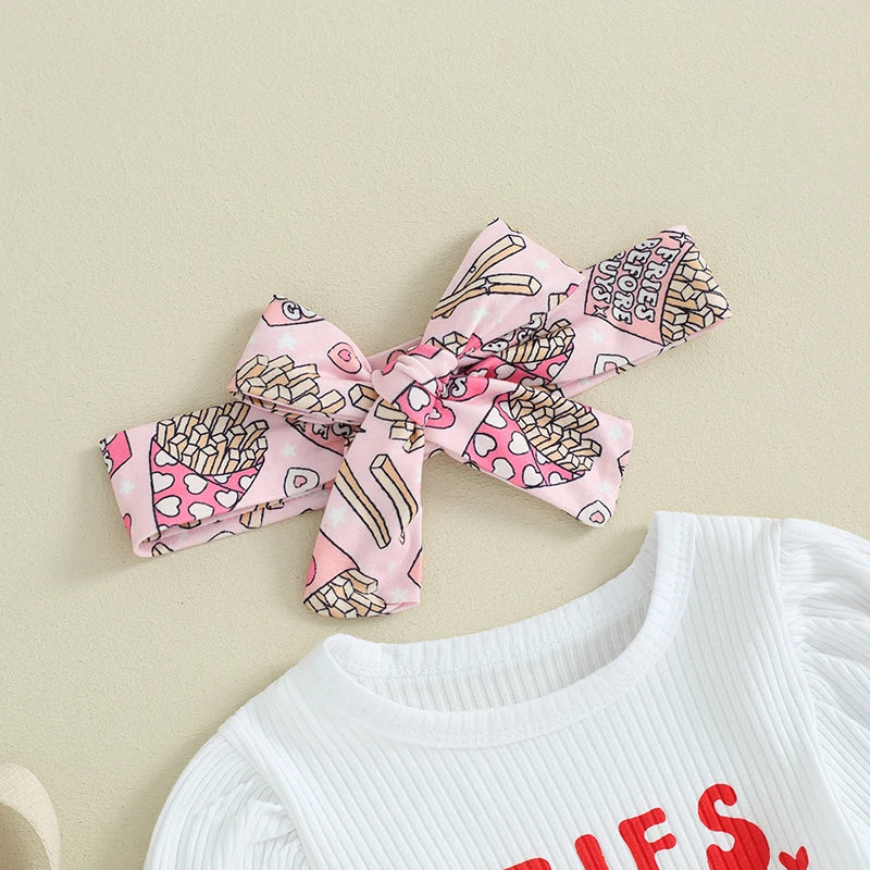 Baby Girls 3Pcs Fries Before Guys Valentine's Day Clothes Sets Letter Print Long Sleeve Romper Heart Flare Pants Headband 3Pcs Clothes Set