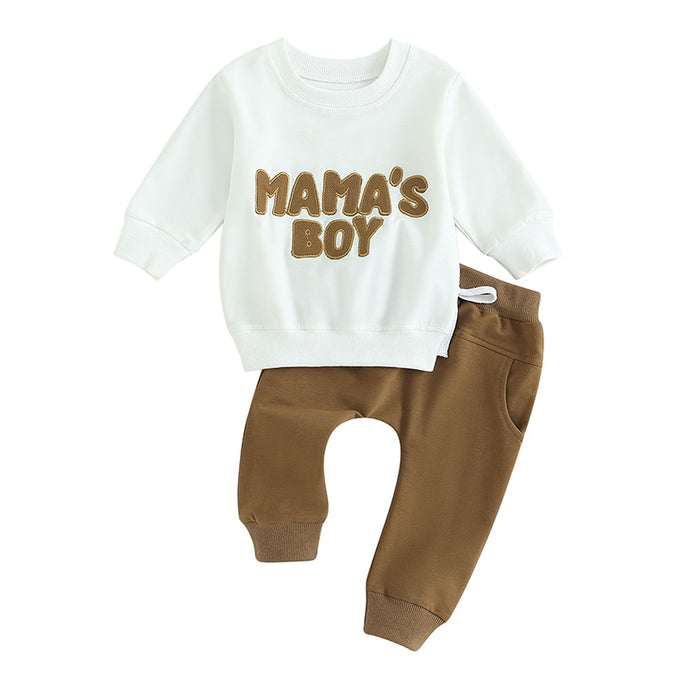 Baby Toddler Boys Girls 2Pcs Fall Clothes Sets Long Sleeve Mamas Boy Embroidery Tops Pant