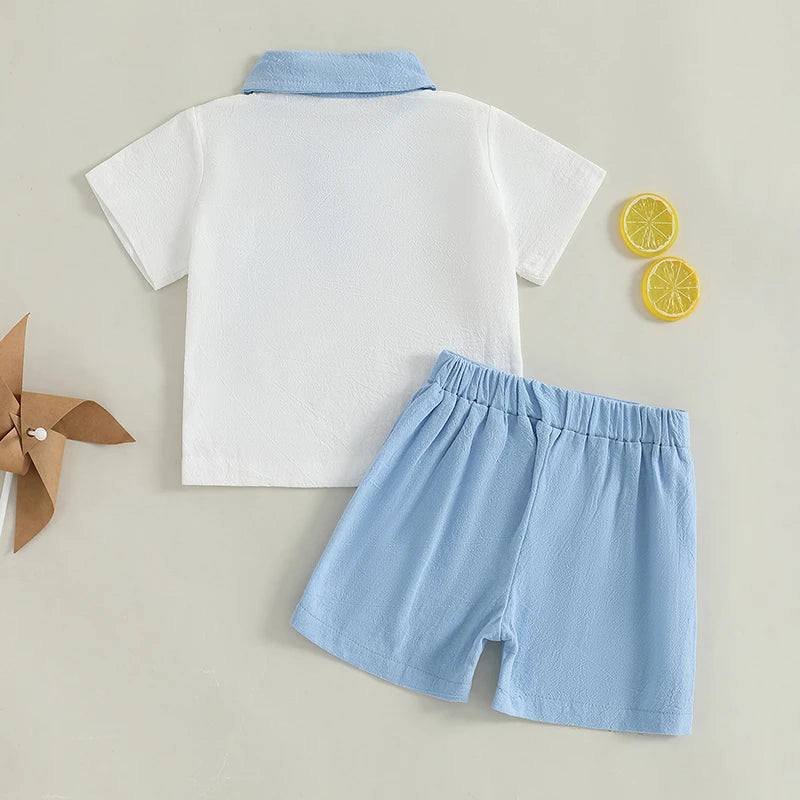 Baby Toddler Boys 2Pcs Summer Outfit Contrast Color Button Turn Down Collar Short Sleeve Shirt Top with Shorts Set