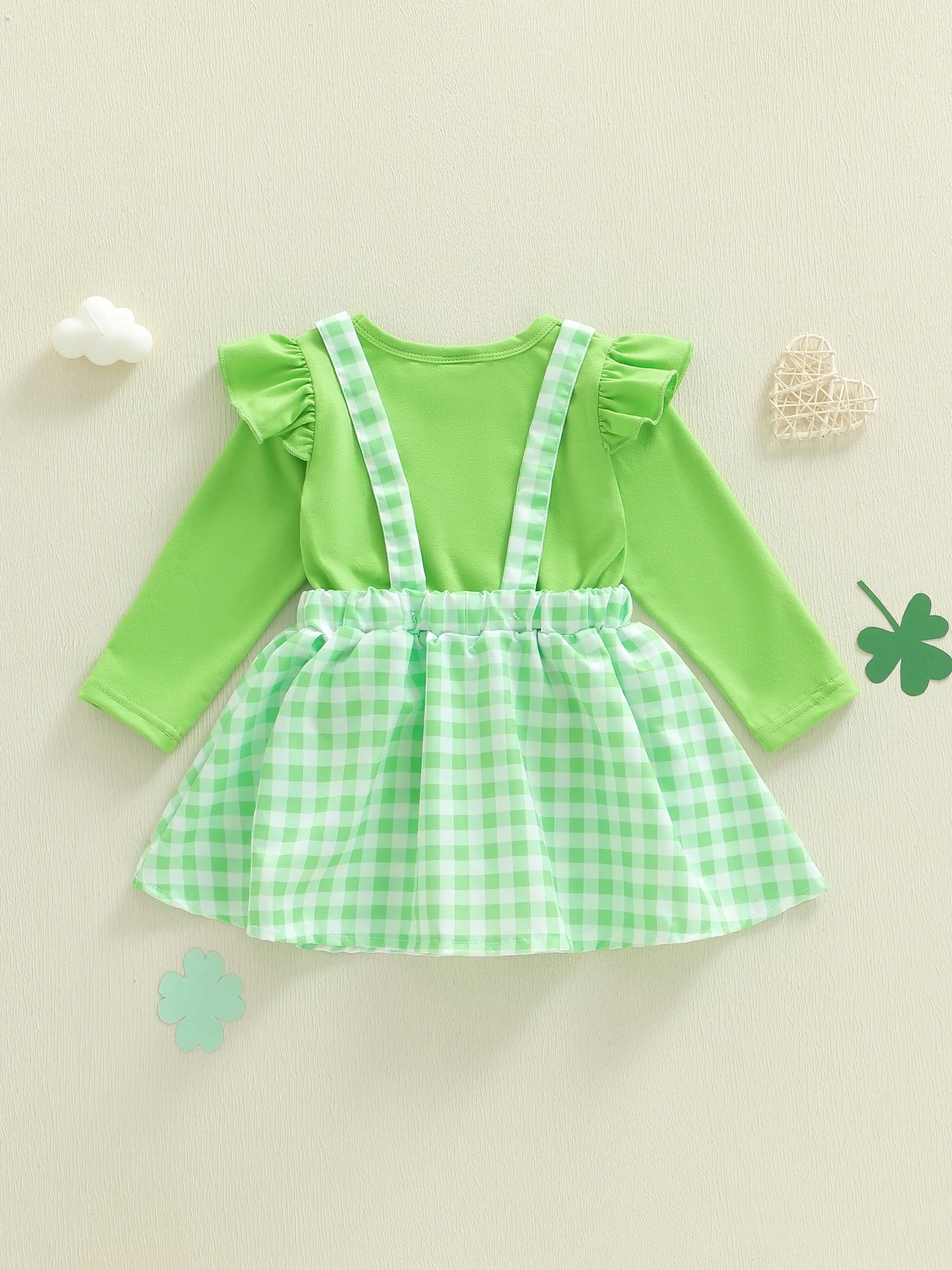 Baby Toddler Girls 2Pcs St. Patrick's Day Outfits Solid Color Long Sleeve Top Shamrock Embroidery Plaid Suspender Overalls Skirt Dress Two Piece Set