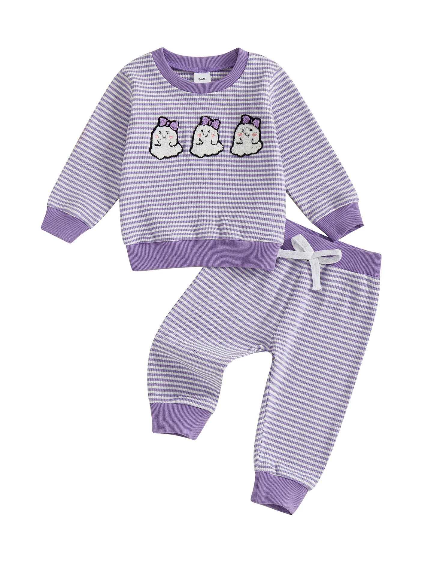 Baby Toddler Girls Boys 2Pcs Striped Set Halloween Ghost Embroidery Long Sleeve Pullover Top with Jogger Pants Fall Outfit