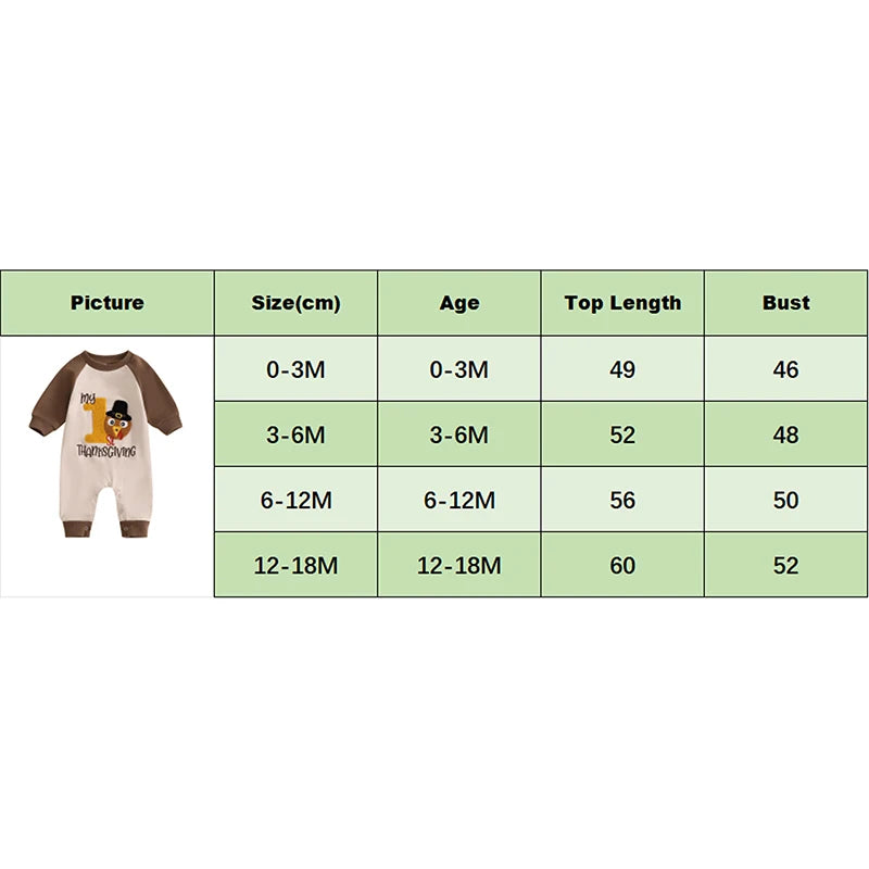 Baby Boy My First Thanksgiving Romper Casual Turkey Letter Embroidery Long Sleeve Jumpsuit