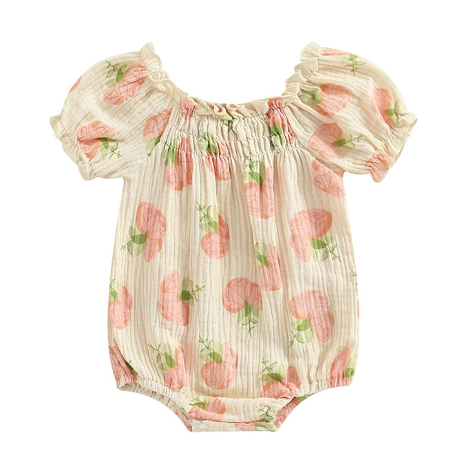 Toddler Baby Girls Bodysuit Flower Print Short Puff Sleeve Jumpsuit Clothes