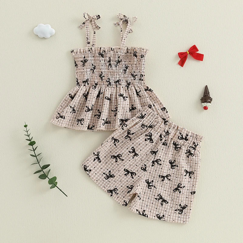 Baby Toddler Girls 2Pcs Summer Clothes Plaid Bow Print Spaghetti Strap Cami Tank Top + Elastic Waist Shorts Set