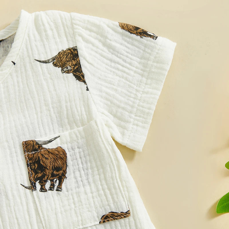 Baby Boys Girls Summer Cattle Cow Print Jumpsuit Short Sleeve Round Neck Button Up Casual Romper