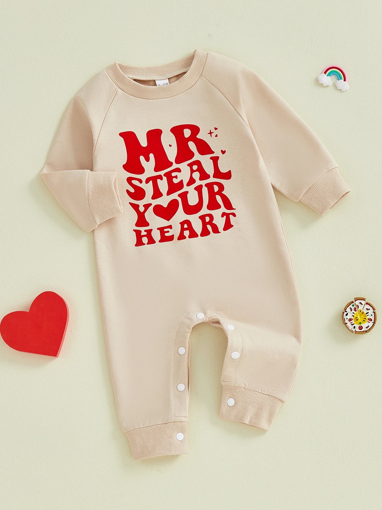 Baby Boy Valentines Romper Mr. Steal Your Heart Fashionable Cute Letters Printed Long Sleeve Jumpsuit