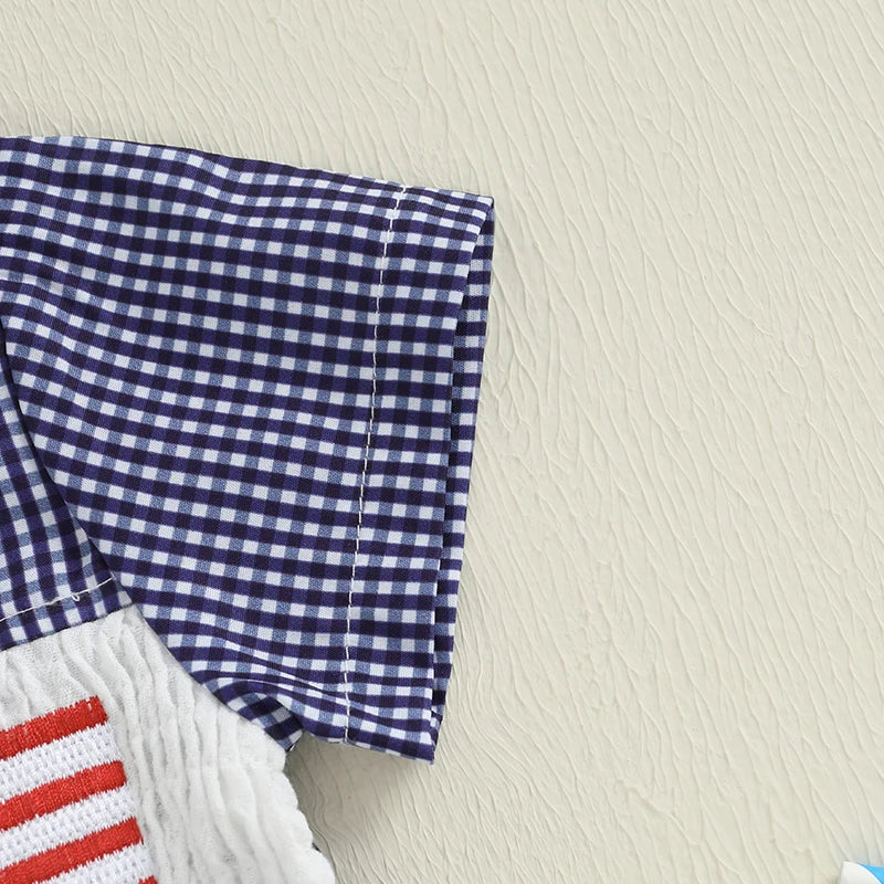 Baby Girl 4th of July Romper Smocked Plaid Pattern American Flag Embroidery Ruffled Doll Collar Short Sleeve Jumpsuit