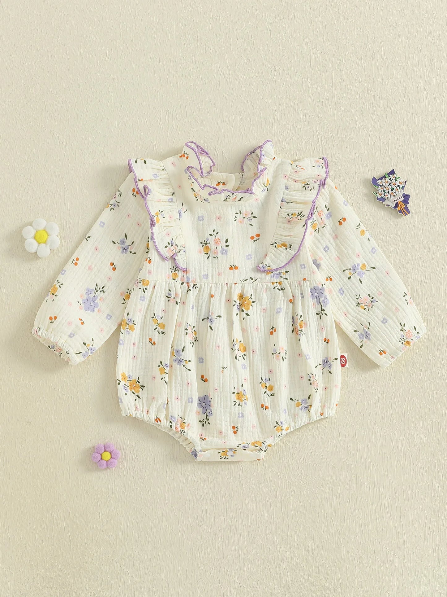 Baby Girl Fall Bubble Romper Floral Print Long Sleeve Frill Mock Neck Ruffled Jumpsuit