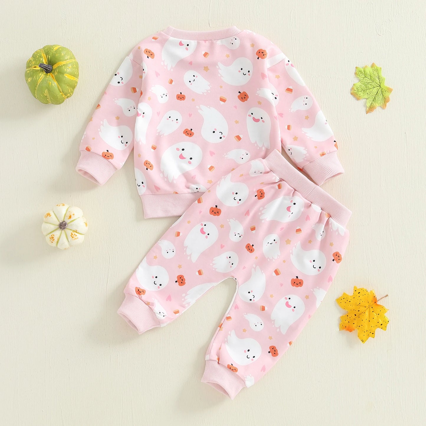 Baby Toddler Girls 2Pcs Halloween Outfit Ghost Pumpkin Print Crew Neck Long Sleeve Top and Pants Set
