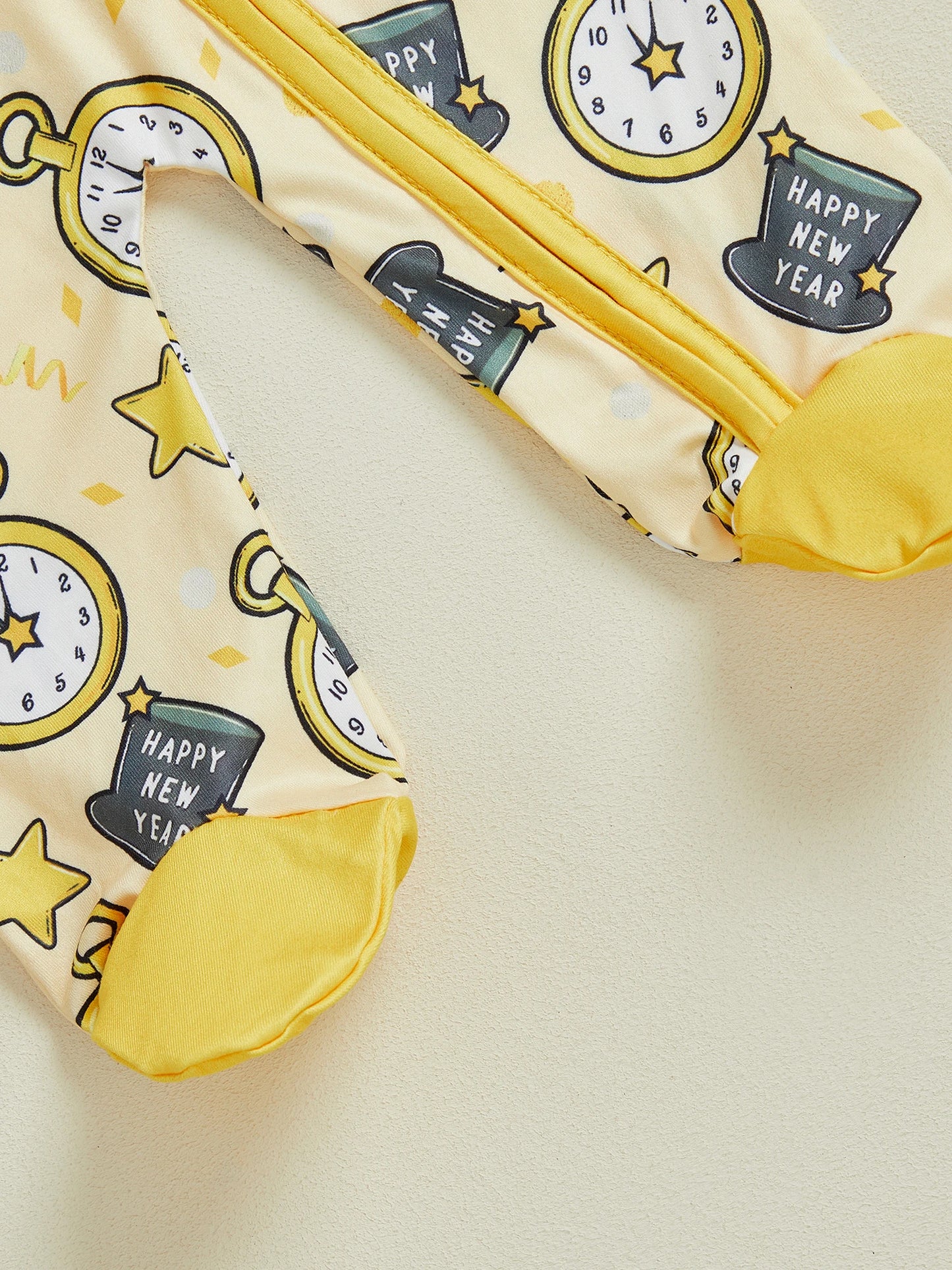 Baby Boy Girl 2Pcs Happy New Year Outfits Cute Long Sleeve Round Neck Hat Clock Print Footed Jumpsuit and Hat Set