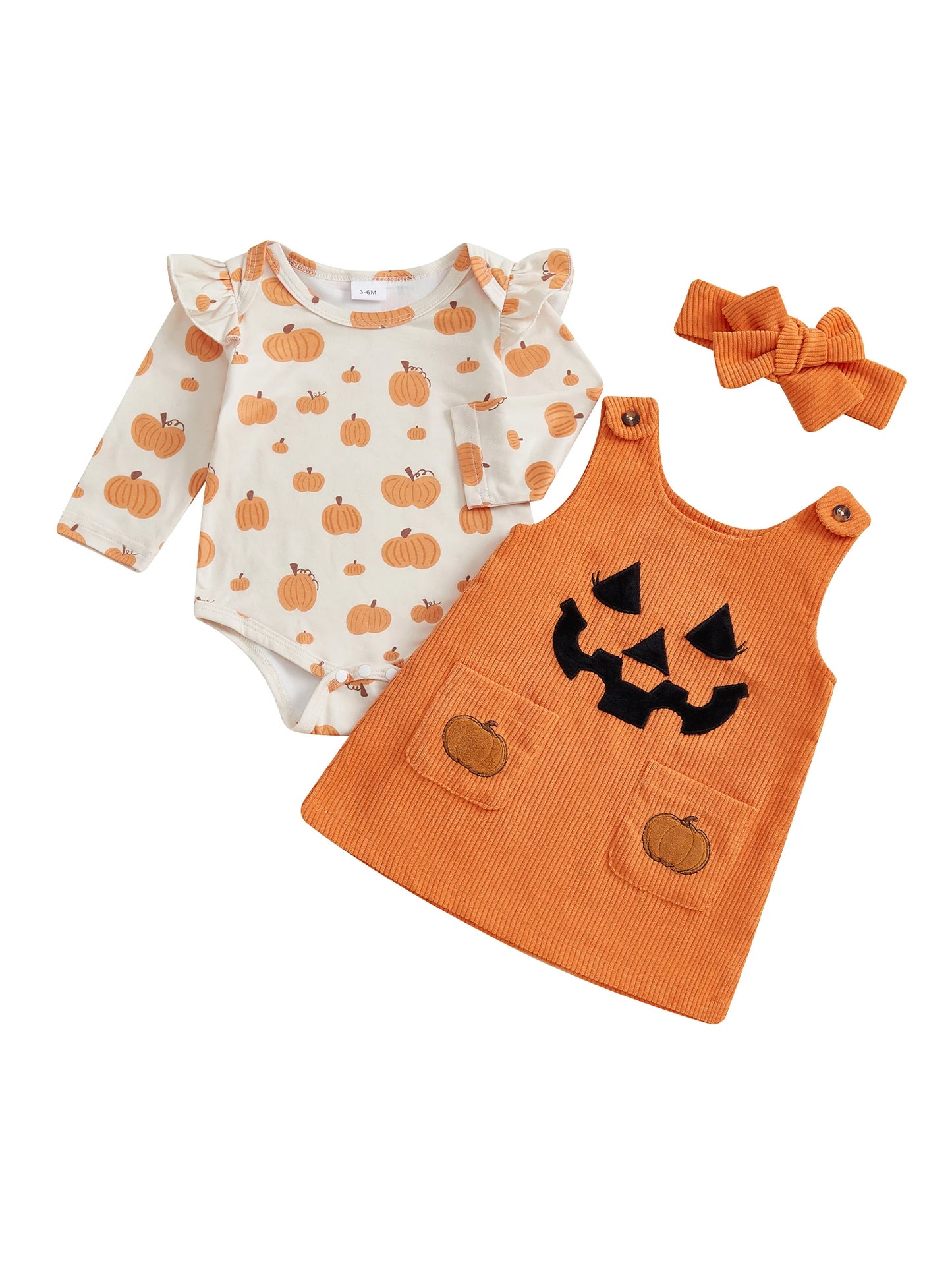 Baby Girls 3Pcs Halloween Outfit Pumpkin Ruffle Long Sleeve Romper Overall Dress Headband Set