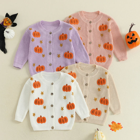 Baby Toddler Girls Halloween Sweater Casual Pumpkin Pattern Infant Button Cardigan Knitwear Warm Clothes Top
