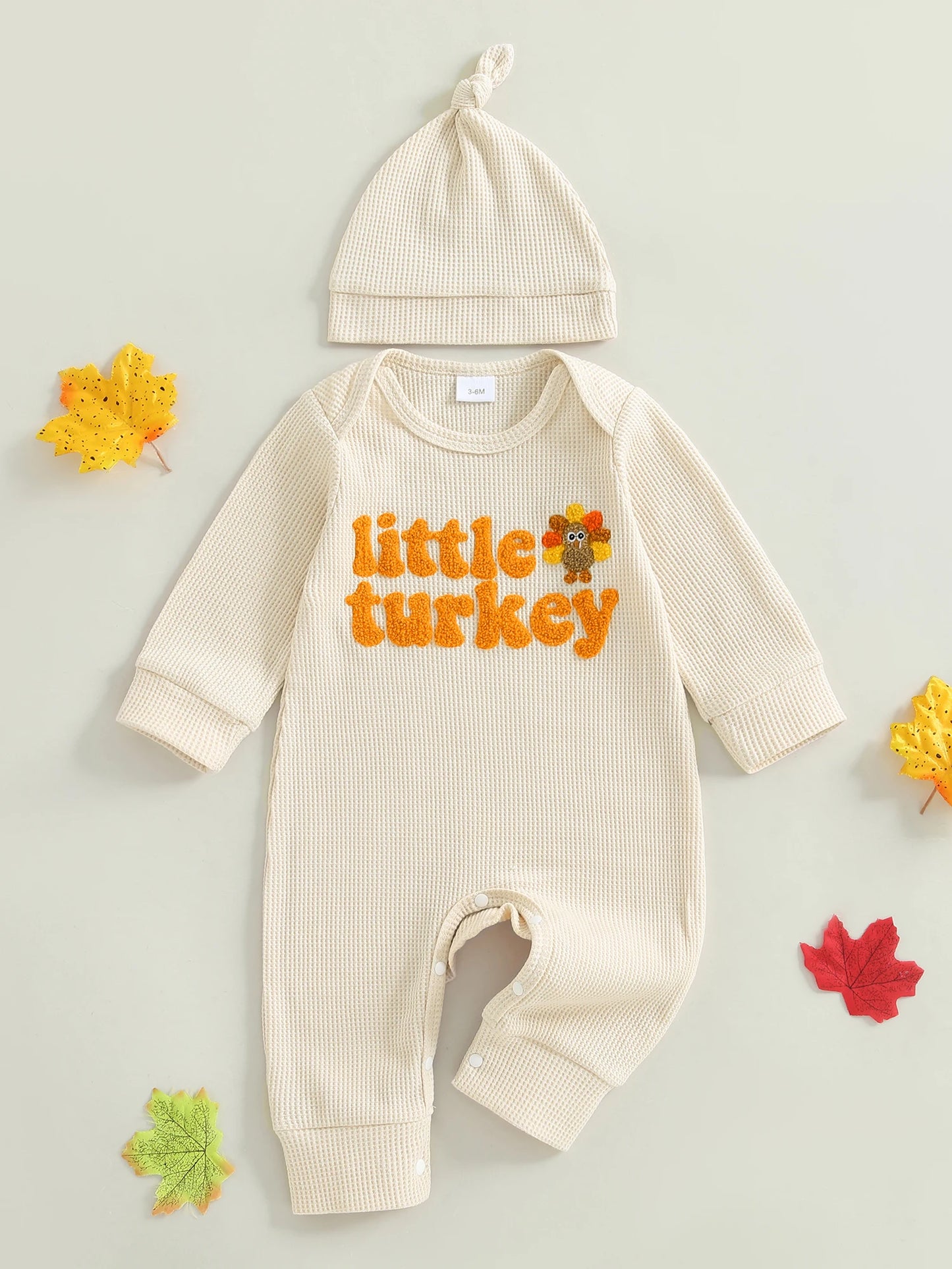 Baby Boys Girls 2Pcs Little Turkey Thanksgiving Outfit Long Sleeve Crew Neck Letter Turkey Embroidery Full Length Romper with Hat Set