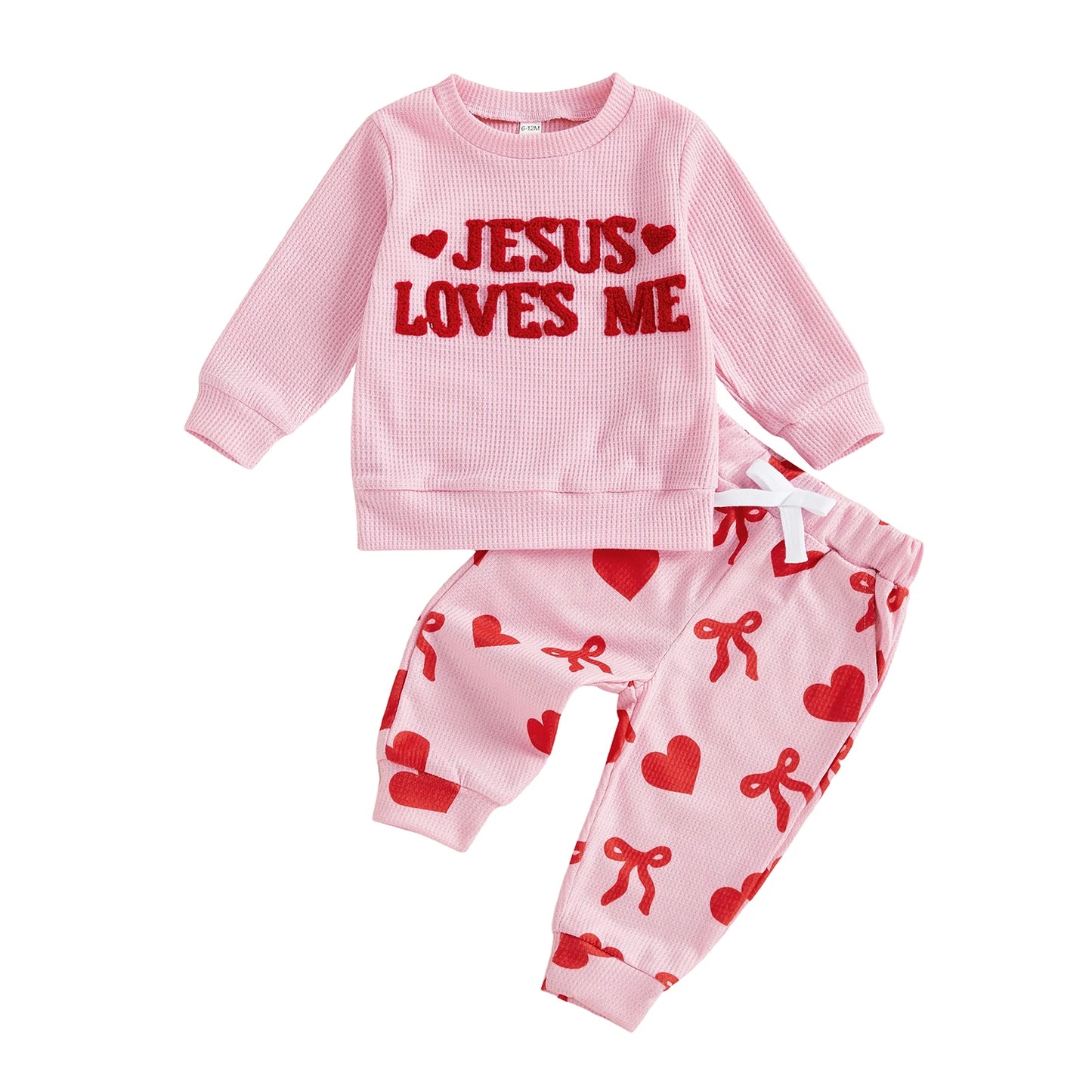 Baby Toddler Girls 2Pcs Valentine's Day Be Mine / Jesus Loves Me Outfit Fashionable Heart Letters Embroidery Long Sleeve Pullover Top with Pants Jogger Set