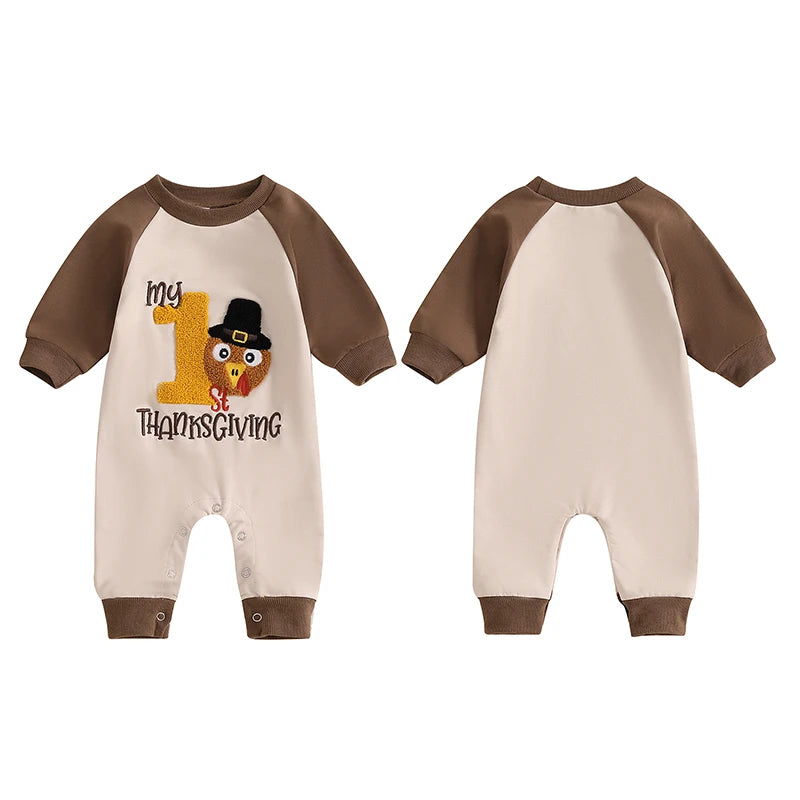 Baby Boy My First Thanksgiving Romper Casual Turkey Letter Embroidery Long Sleeve Jumpsuit