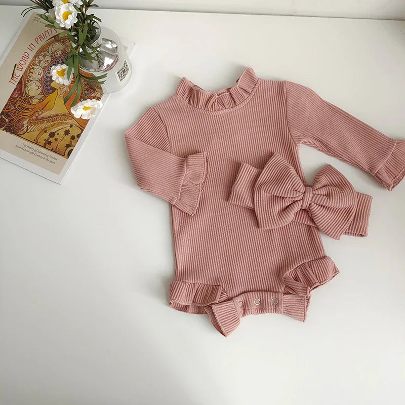 Ruffle Neck Long Sleeve Bodysuit Romper Set