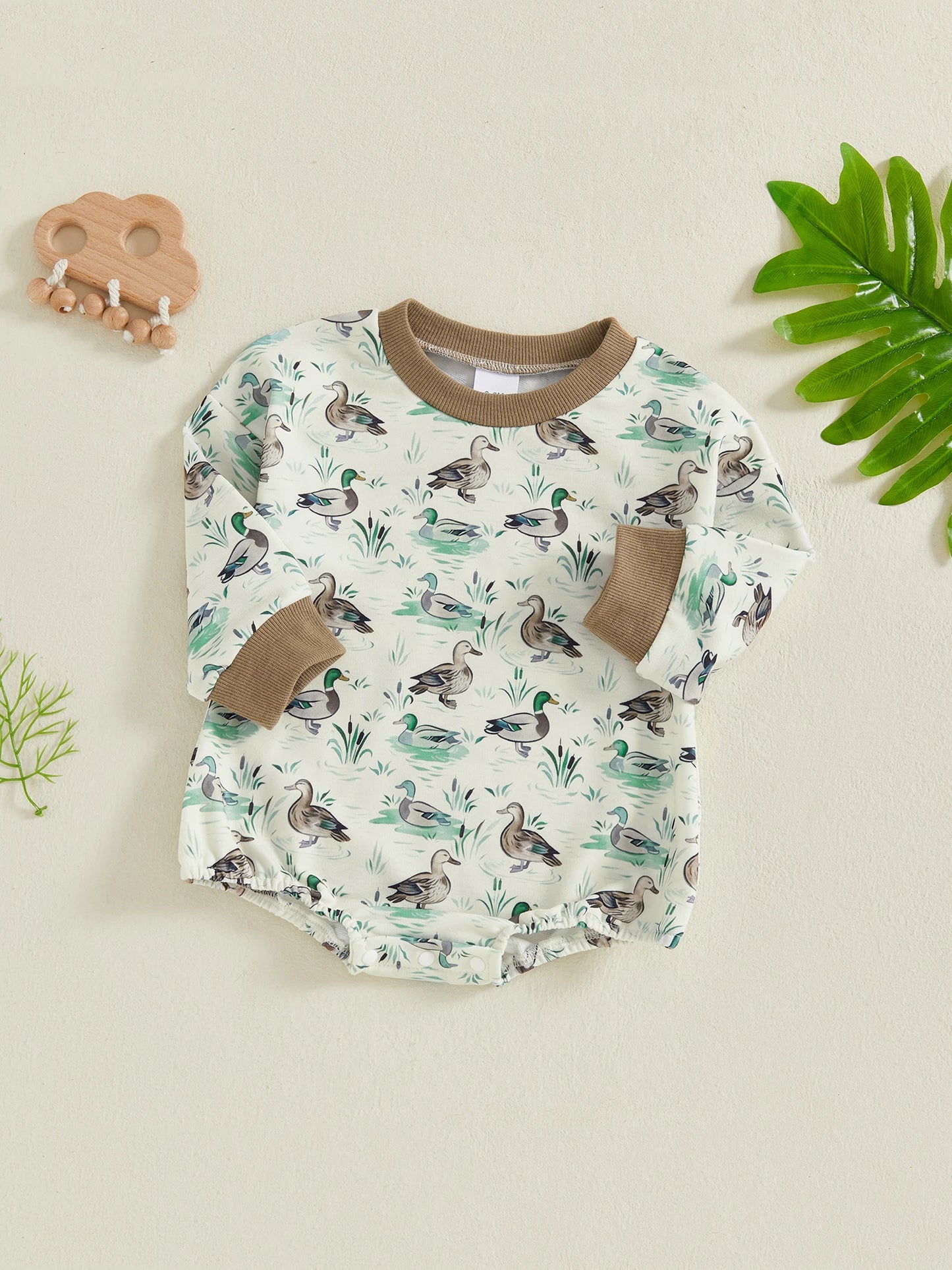 Baby Girls Boys Fall Romper Duck Print Long Sleeve Round Neck Bubble Jumpsuit