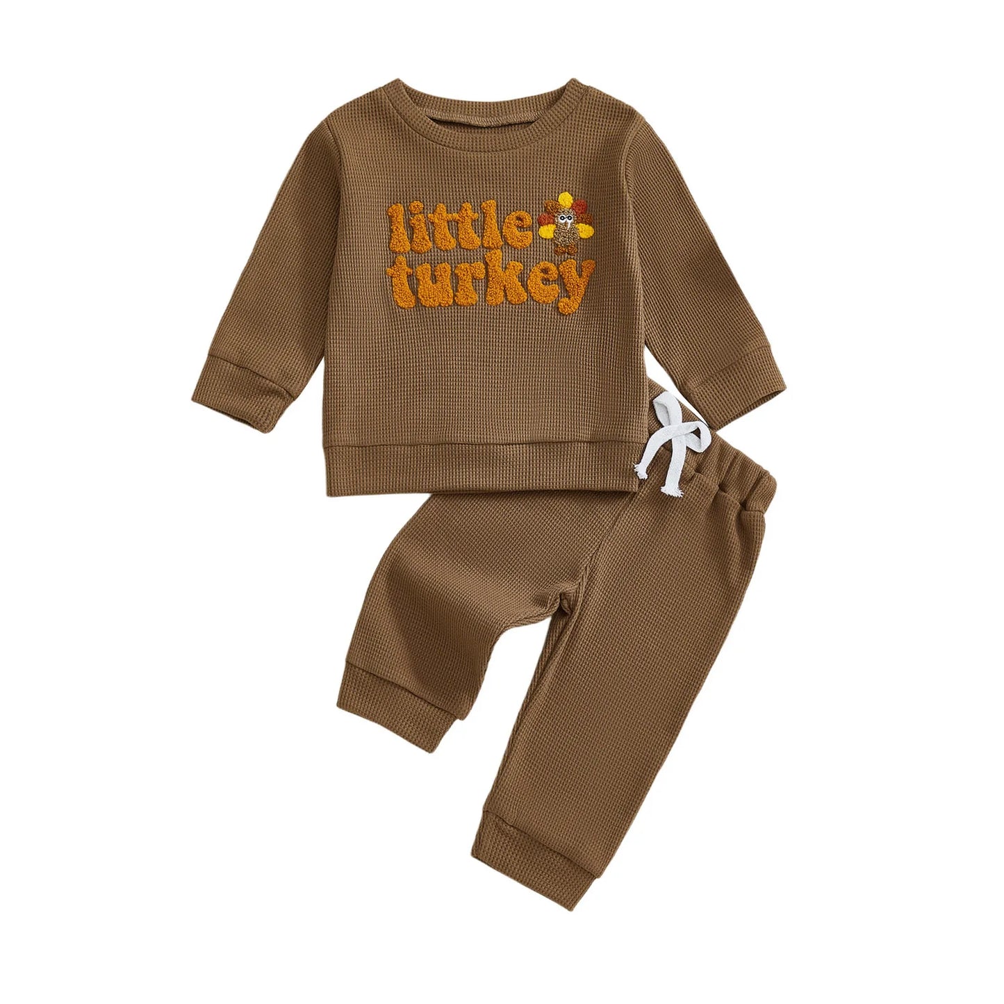Baby Toddler Boy s2Pcs Little Turkey Thanksgiving Outfit Turkey Letter Embroidery Long Sleeve Pullover Top Elastic Waist Solid Pants Jogger Set