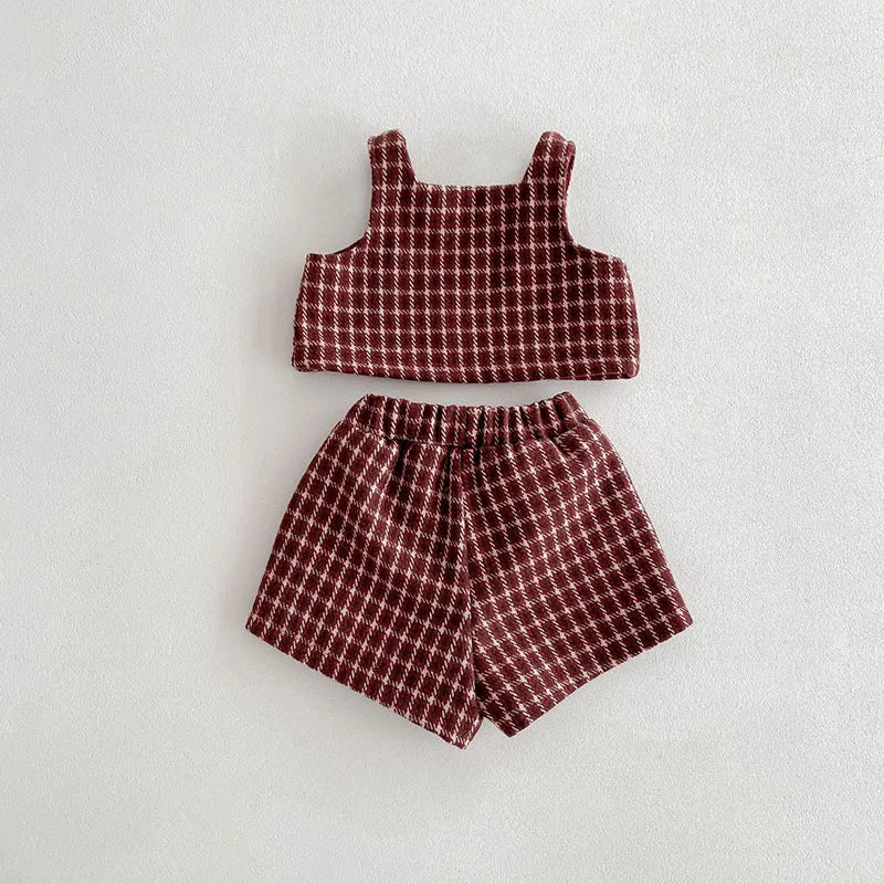 Retro Tweed Vest and Shorts Outfit Set