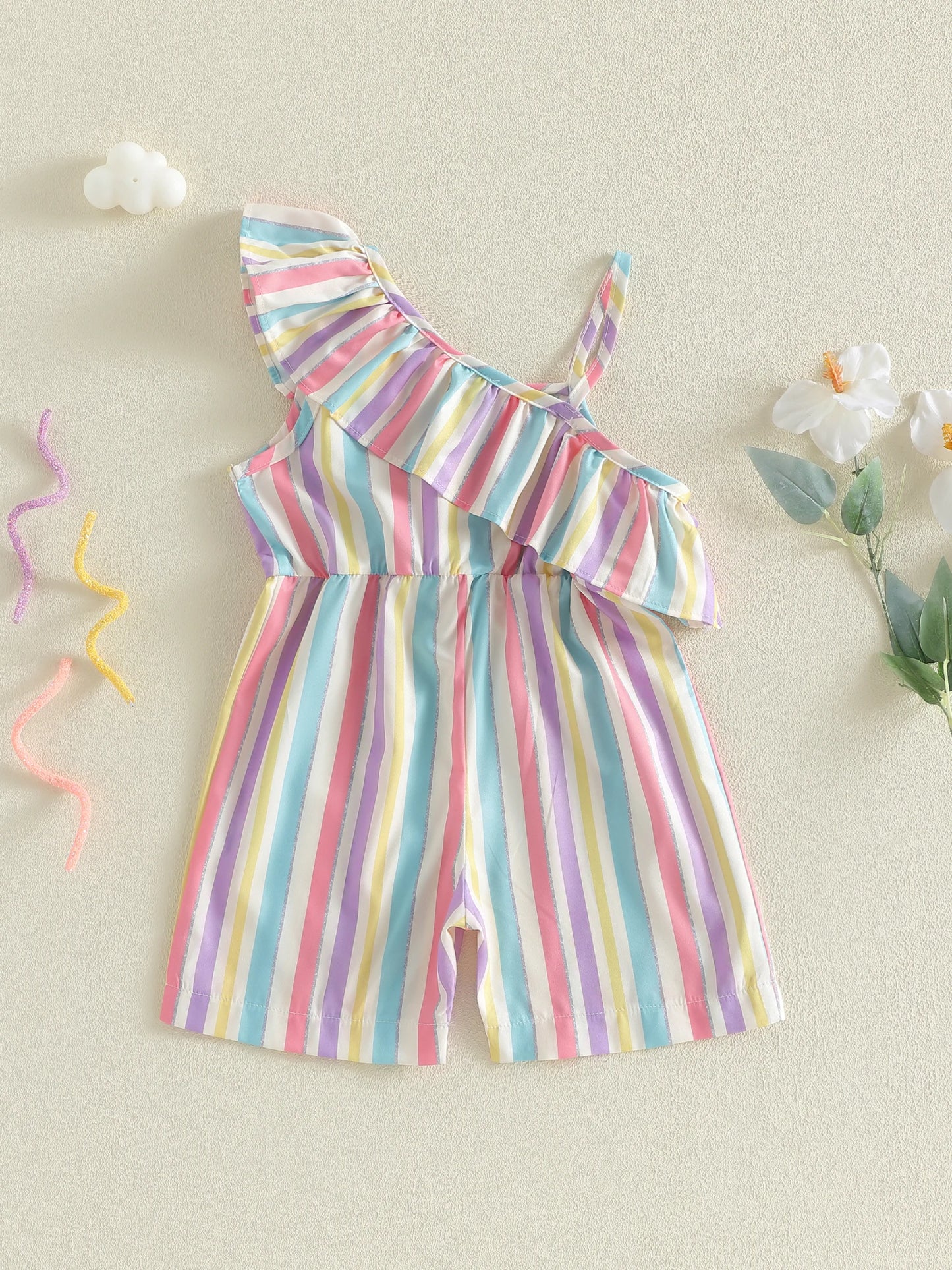 Toddler Kids Girls Summer Romper Fashionable Striped Off One Shoulder Asymmetrical Neck Sleeveless Belted Jumpsuit
