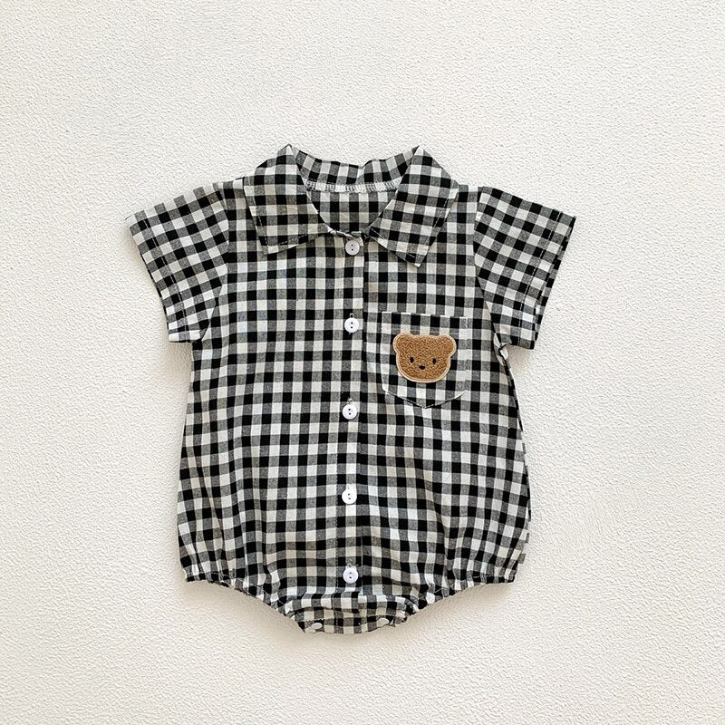Boys Plaid Bear Patch Bodysuit Romper