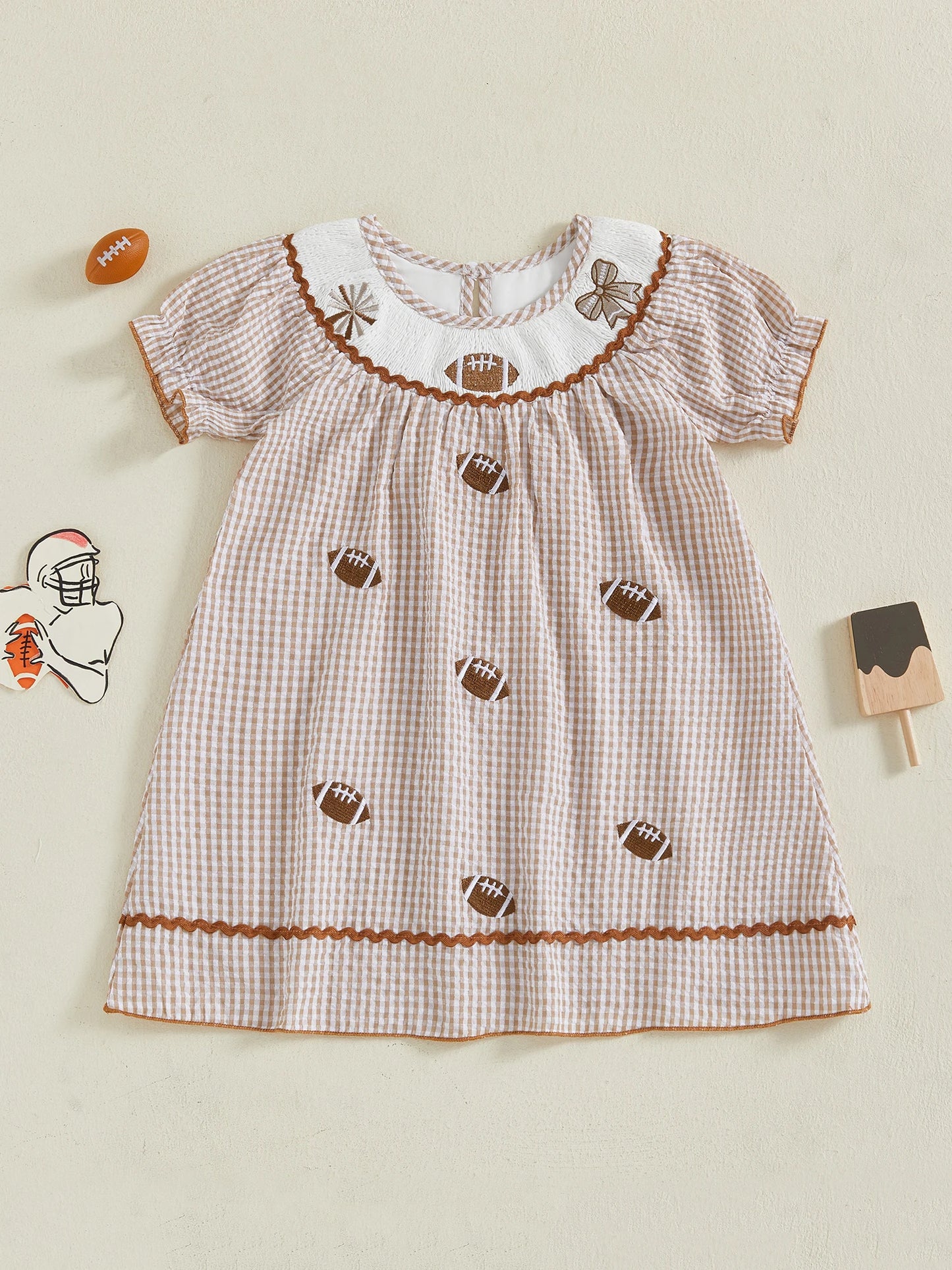 Toddler Kids Girl Dress Loose Fit Football Embroidered Plaid Crew Neck Short Sleeve Dress Summer Fall