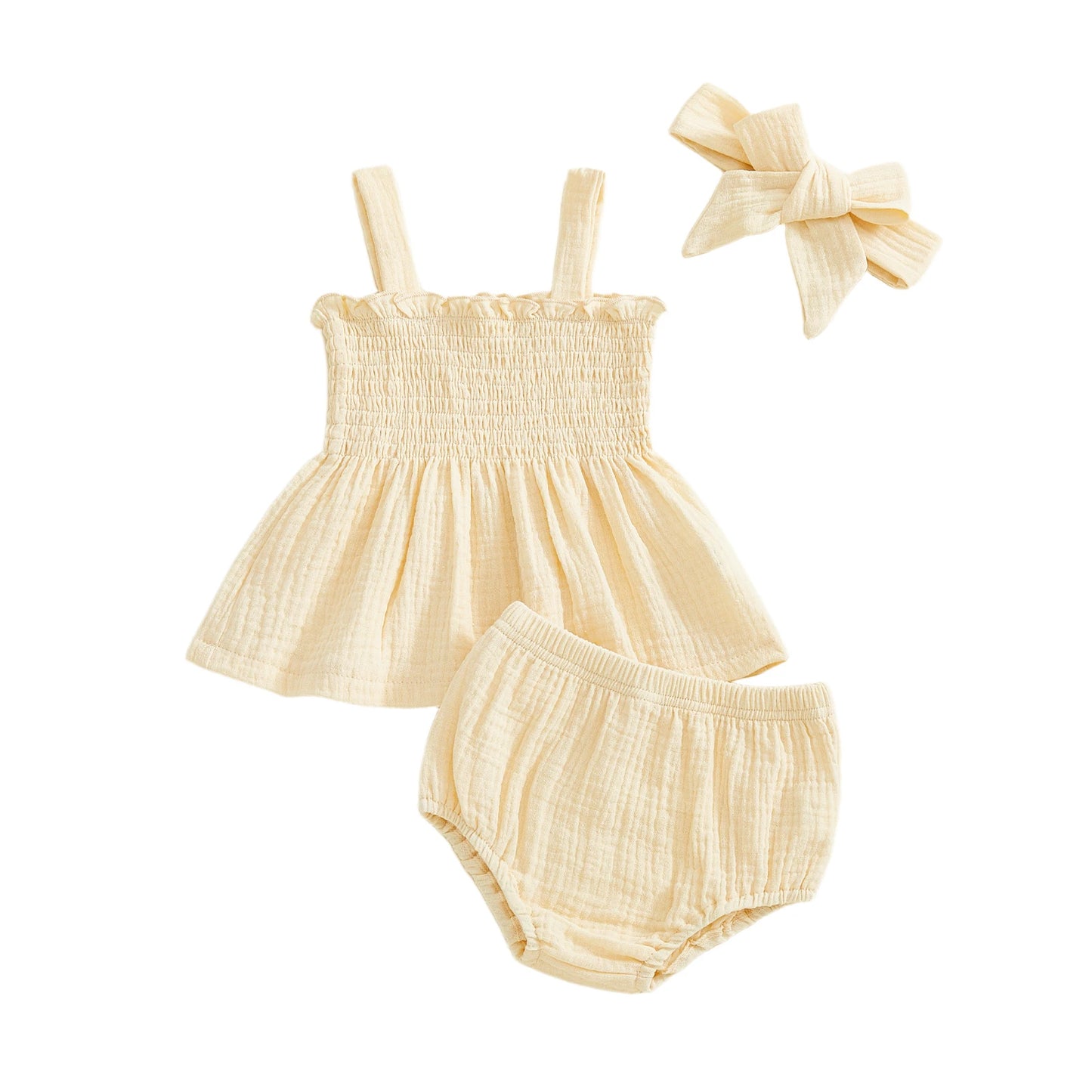 Baby Girl Summer Outfits Solid Color Ruffled Trim Smocked A Line Sleeveless Tops Shorts and Headband 3 Pcs Set