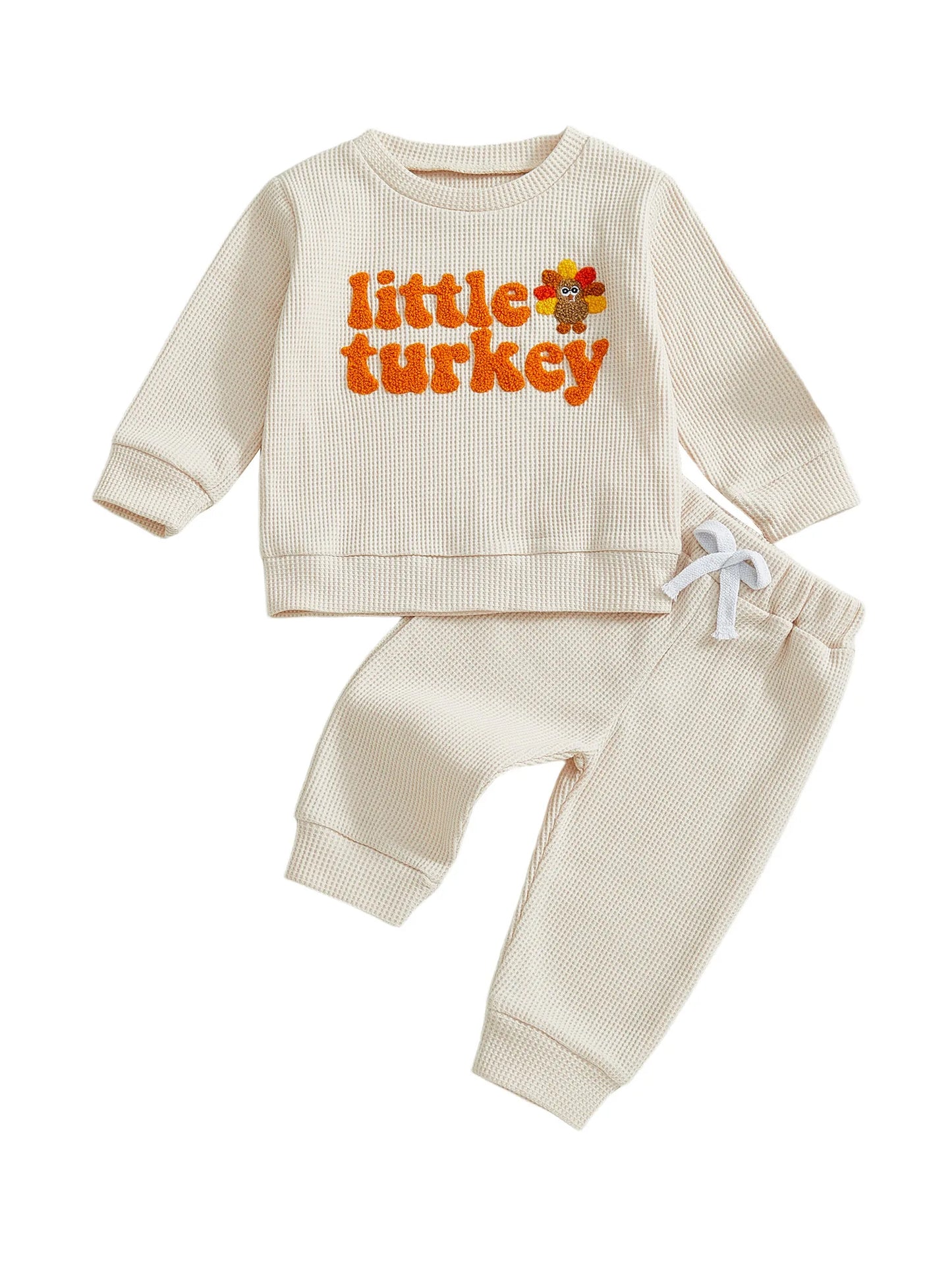 Baby Toddler Boy s2Pcs Little Turkey Thanksgiving Outfit Turkey Letter Embroidery Long Sleeve Pullover Top Elastic Waist Solid Pants Jogger Set