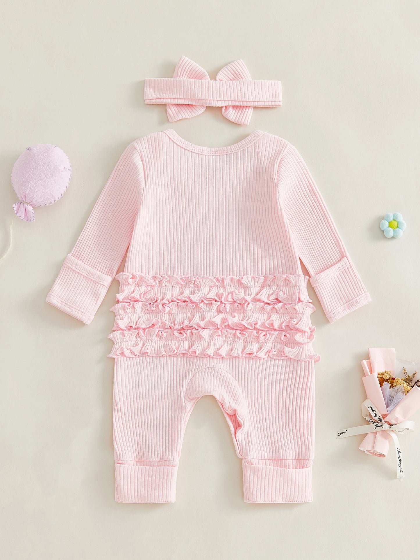 Baby Girl 2Pcs Hello World I'm Here Outfit Long Sleeve Crew Neck Letters Bow Print Romper with Bow Headband Set