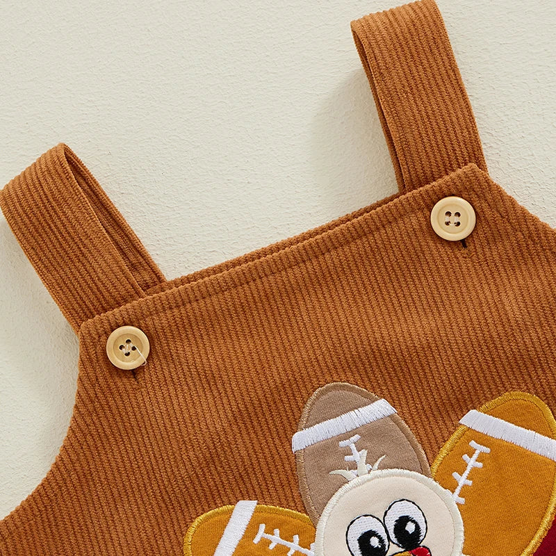 Baby Boys Girls Thanksgiving Overalls Romper Football Turkey Embroidery Sleeveless Square Neck Jumpsuit