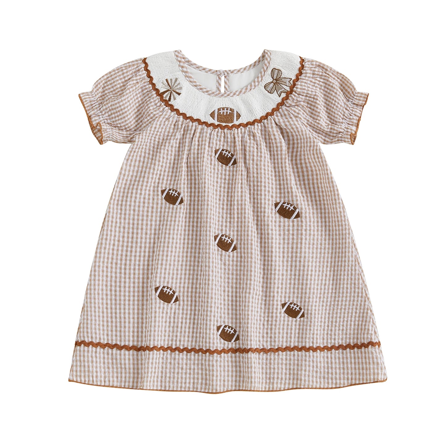 Toddler Kids Girl Dress Loose Fit Football Embroidered Plaid Crew Neck Short Sleeve Dress Summer Fall