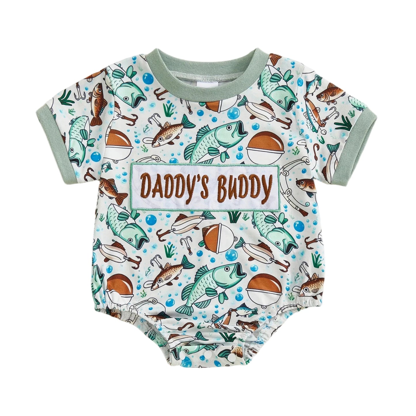 Baby Boy Daddy's Buddy / Boy Romper Adorable Fish Print Letter Embroidery Short Sleeve Round Neck Jumpsuit