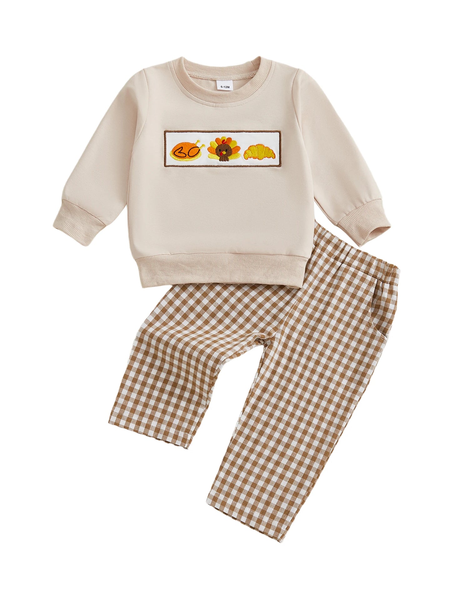 Baby Toddler Boys Girls 2Pcs Thanksgiving Outfit Pumpkin Turkey Pie Long Sleeve Crewneck Top Plaid Elastic Waist Pants Set